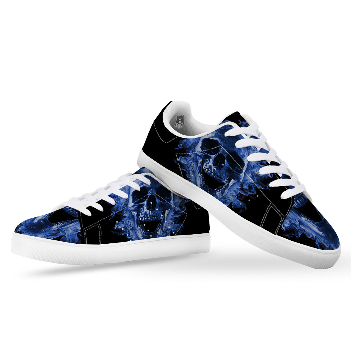 Blue Flaming Skull Print White Low Top Sneakers-grizzshop