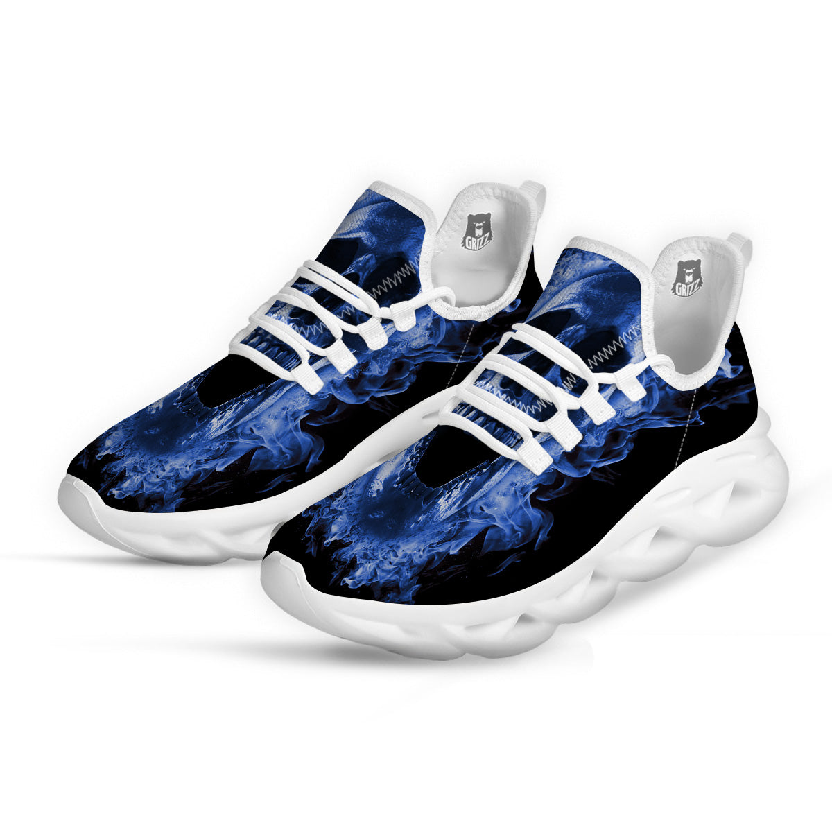 Blue Flaming Skull Print White Running Shoes-grizzshop
