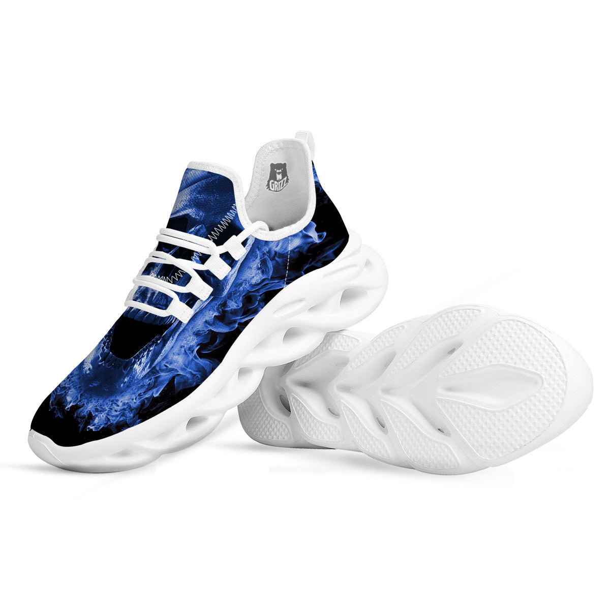 Blue Flaming Skull Print White Running Shoes-grizzshop