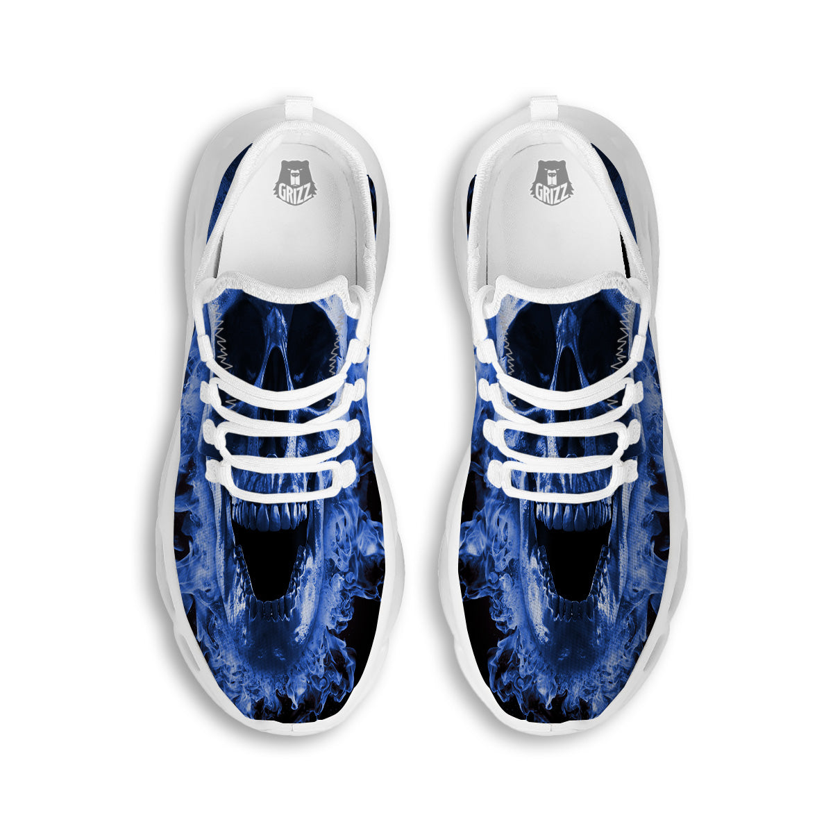 Blue Flaming Skull Print White Running Shoes-grizzshop
