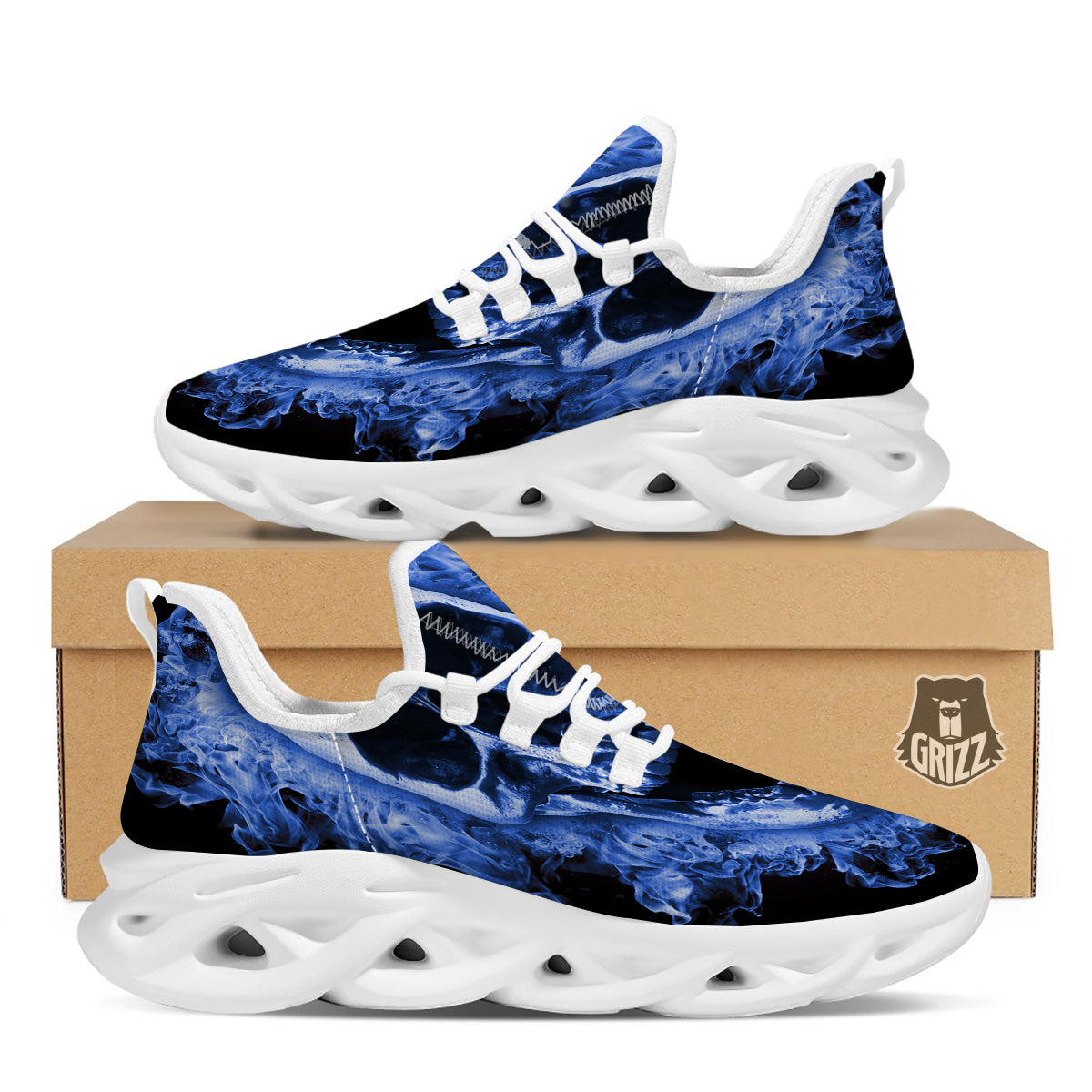 Blue Flaming Skull Print White Running Shoes-grizzshop