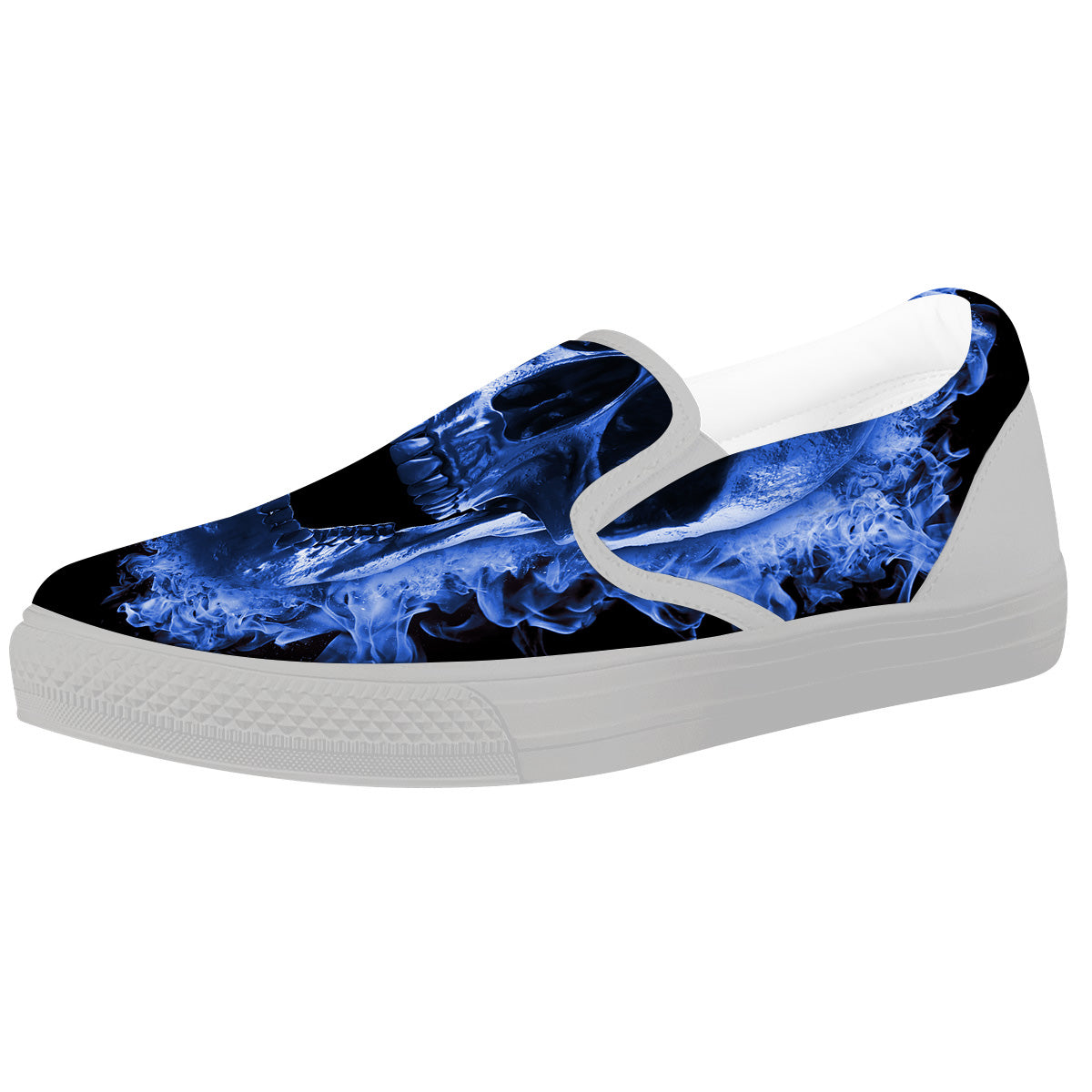 Blue Flaming Skull Print White Slip On Shoes-grizzshop
