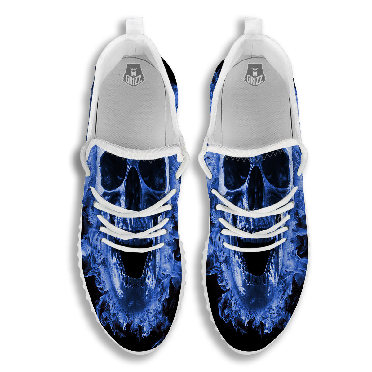 Blue Flaming Skull Print White Walking Shoes-grizzshop
