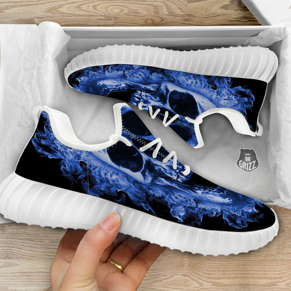 Blue Flaming Skull Print White Walking Shoes-grizzshop