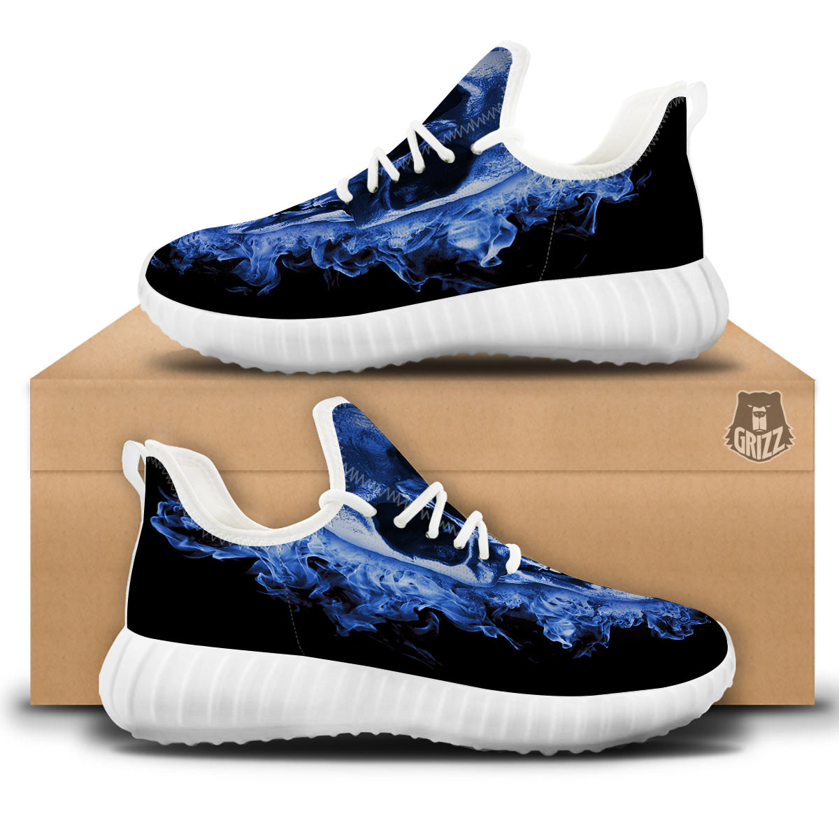 Blue Flaming Skull Print White Walking Shoes-grizzshop