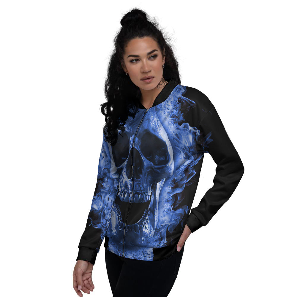 Blue Flaming Skull Print Women's Bomber Jacket-grizzshop