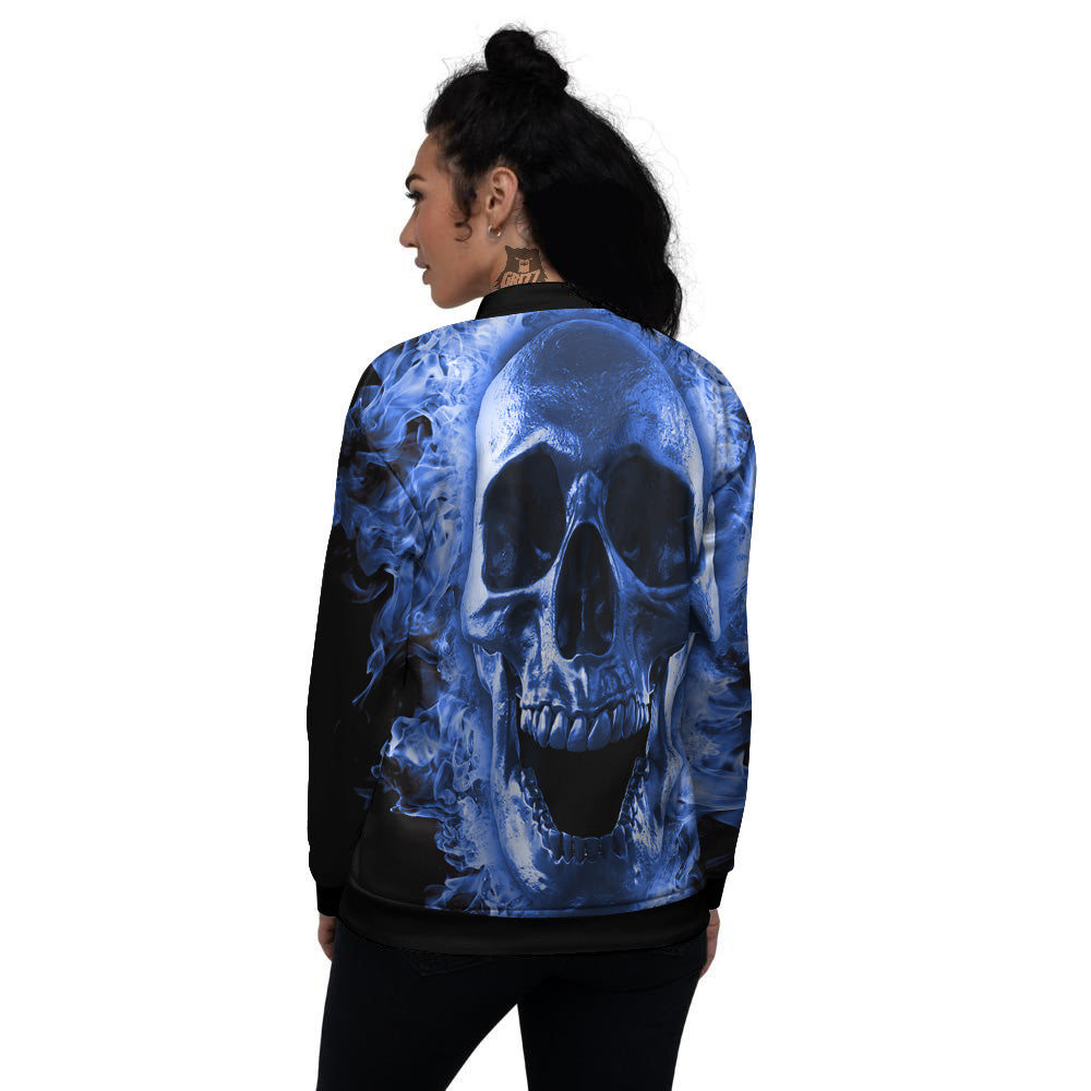 Blue Flaming Skull Print Women's Bomber Jacket-grizzshop