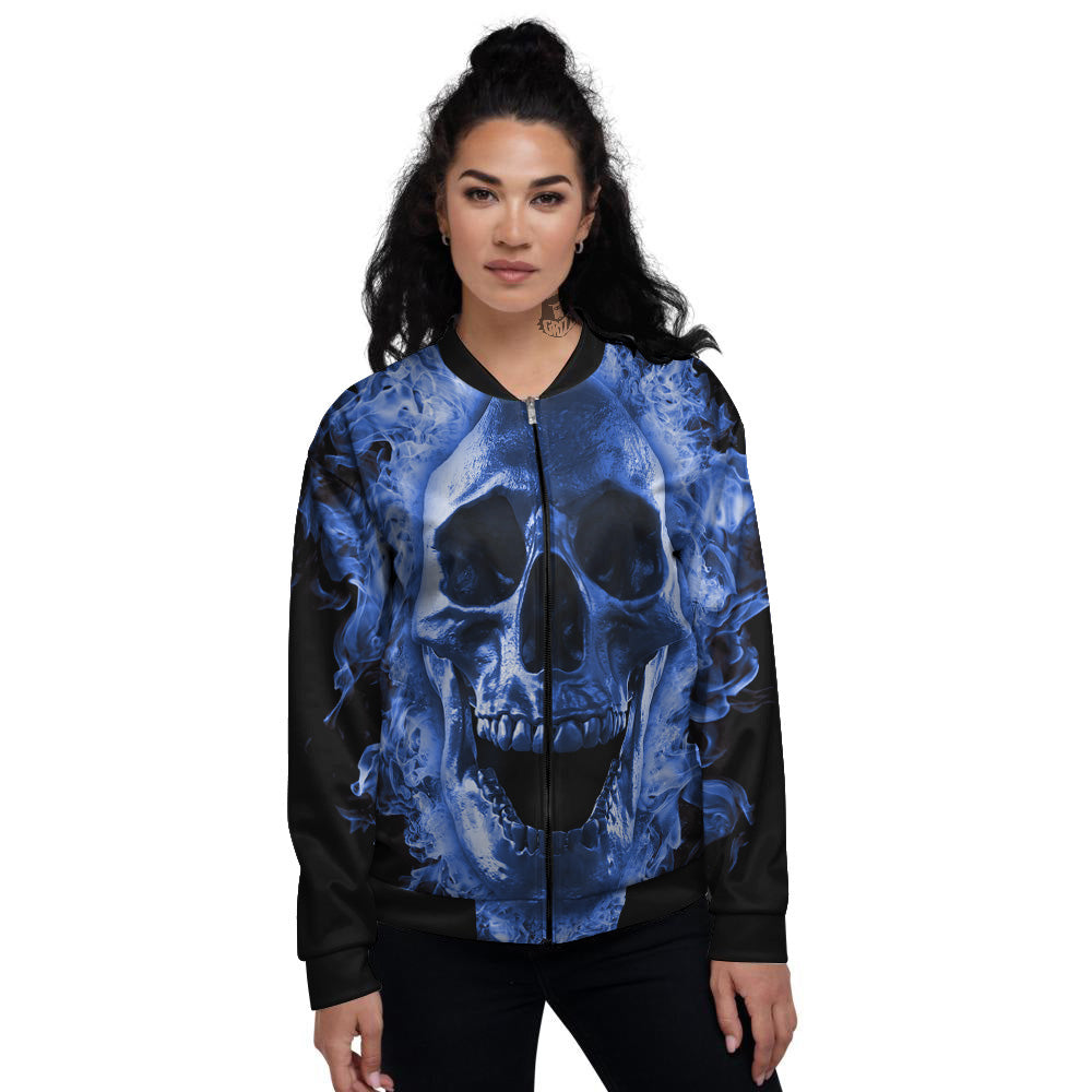 Blue Flaming Skull Print Women's Bomber Jacket-grizzshop