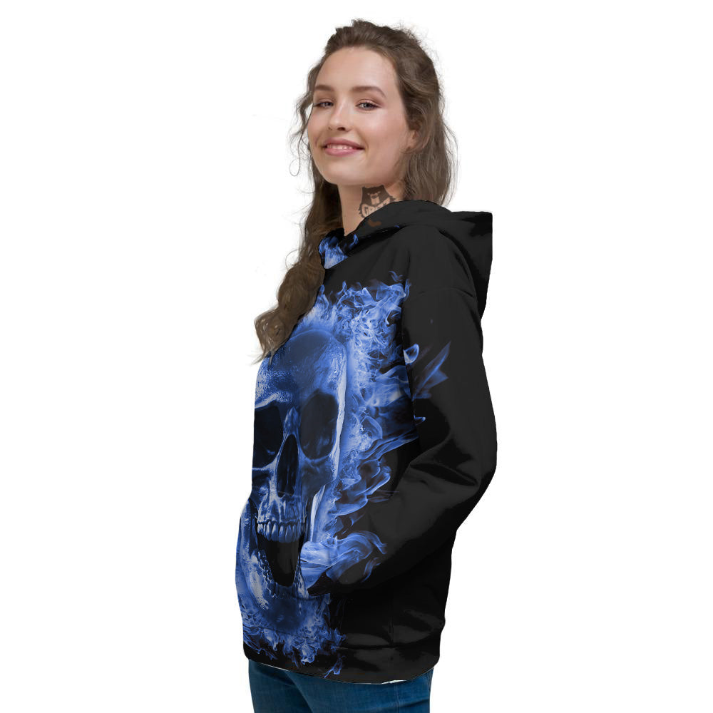 Blue Flaming Skull Print Women's Hoodie-grizzshop