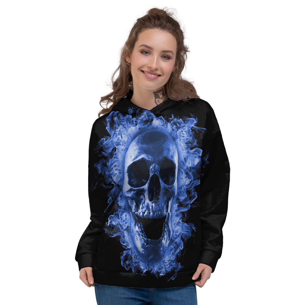 Blue Flaming Skull Print Women's Hoodie-grizzshop