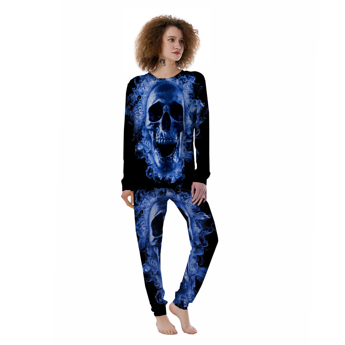 Blue Flaming Skull Print Women's Pajamas-grizzshop