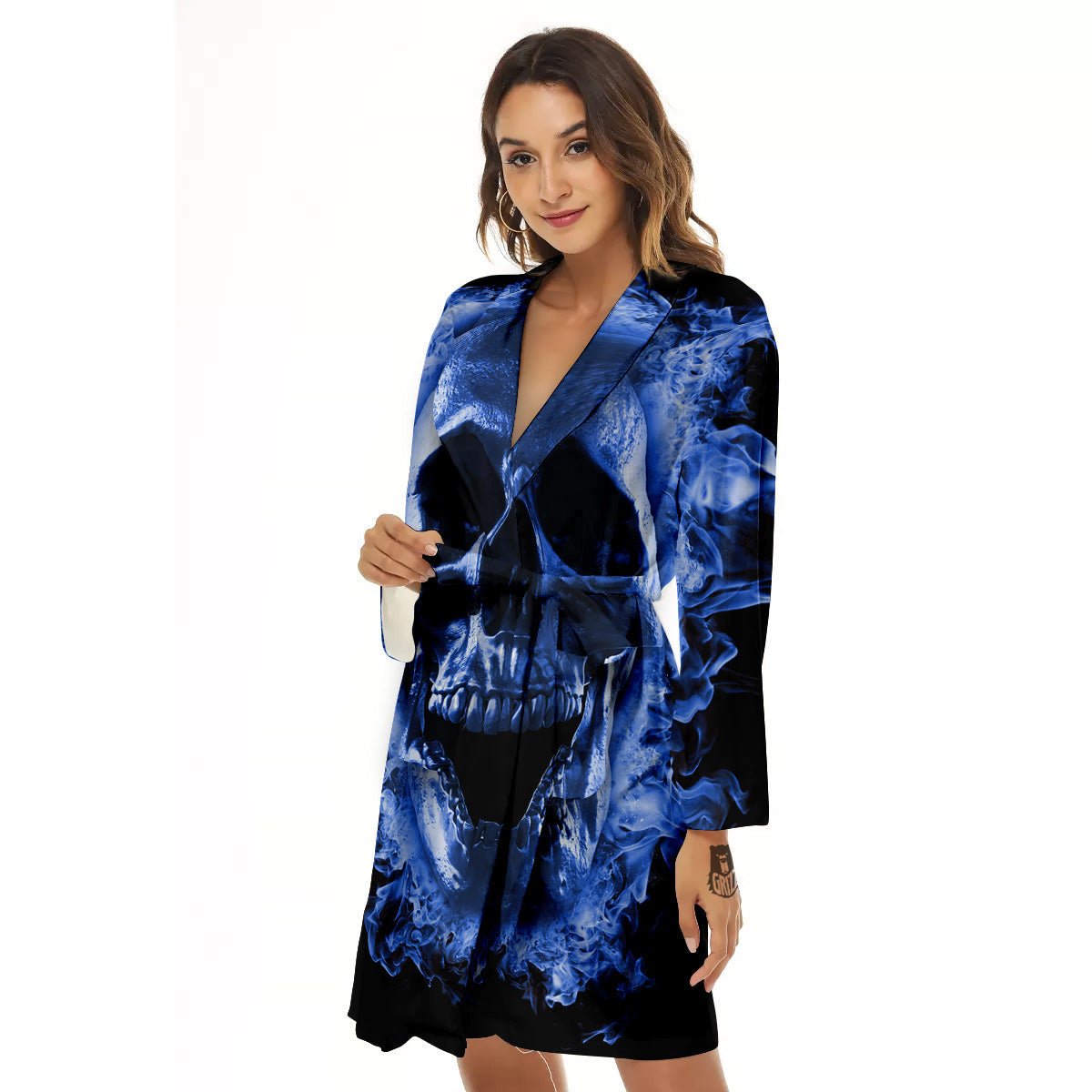 Blue Flaming Skull Print Women's Robe-grizzshop