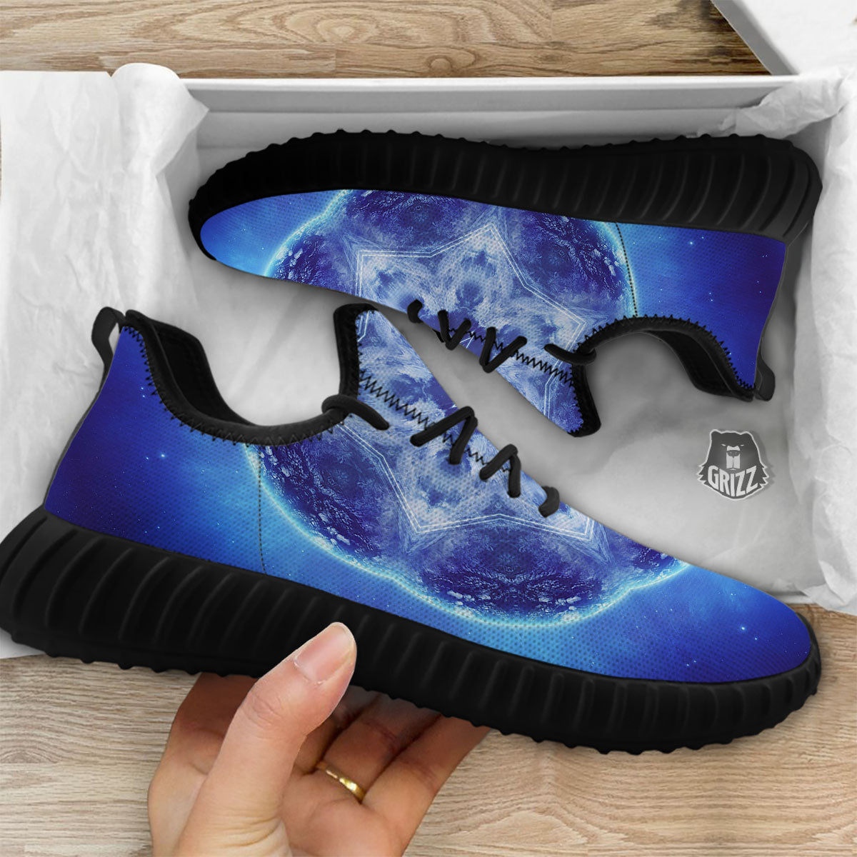 Blue Fractal Kaleidoscope Print Black Walking Shoes-grizzshop