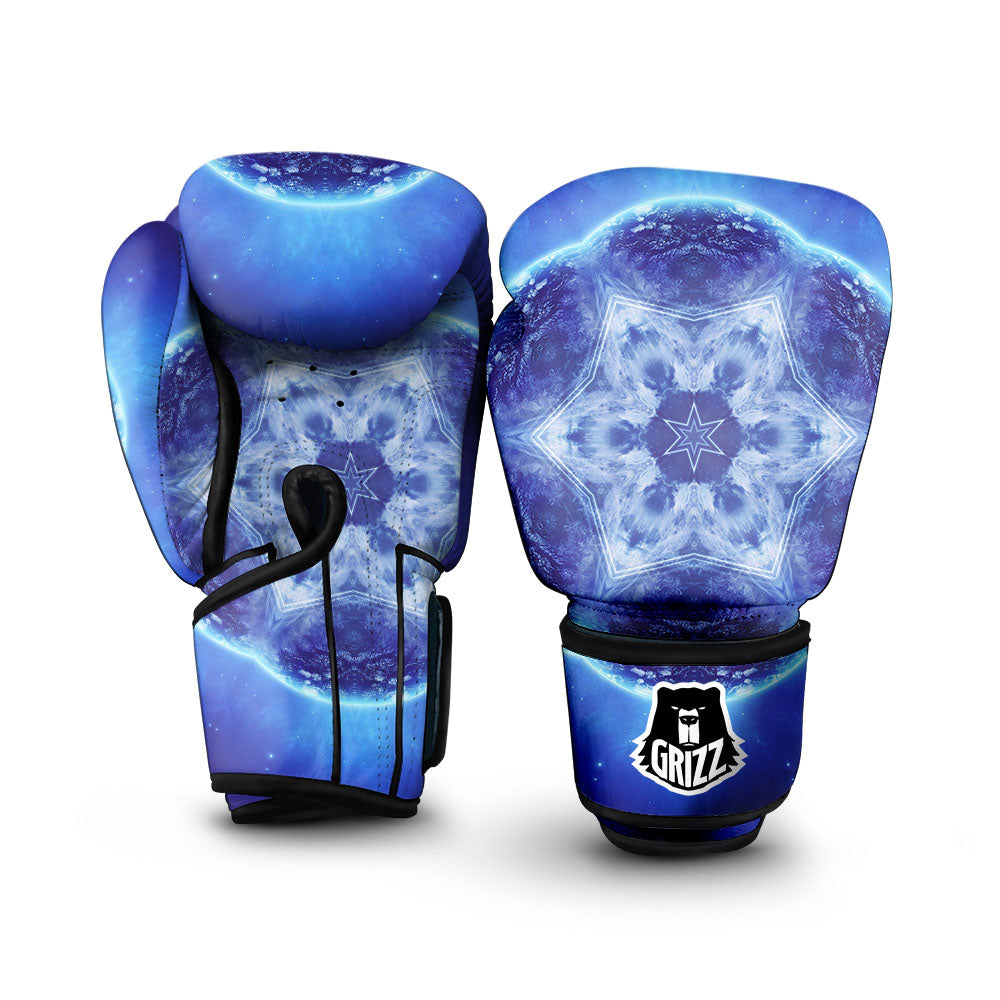 Blue Fractal Kaleidoscope Print Boxing Gloves-grizzshop