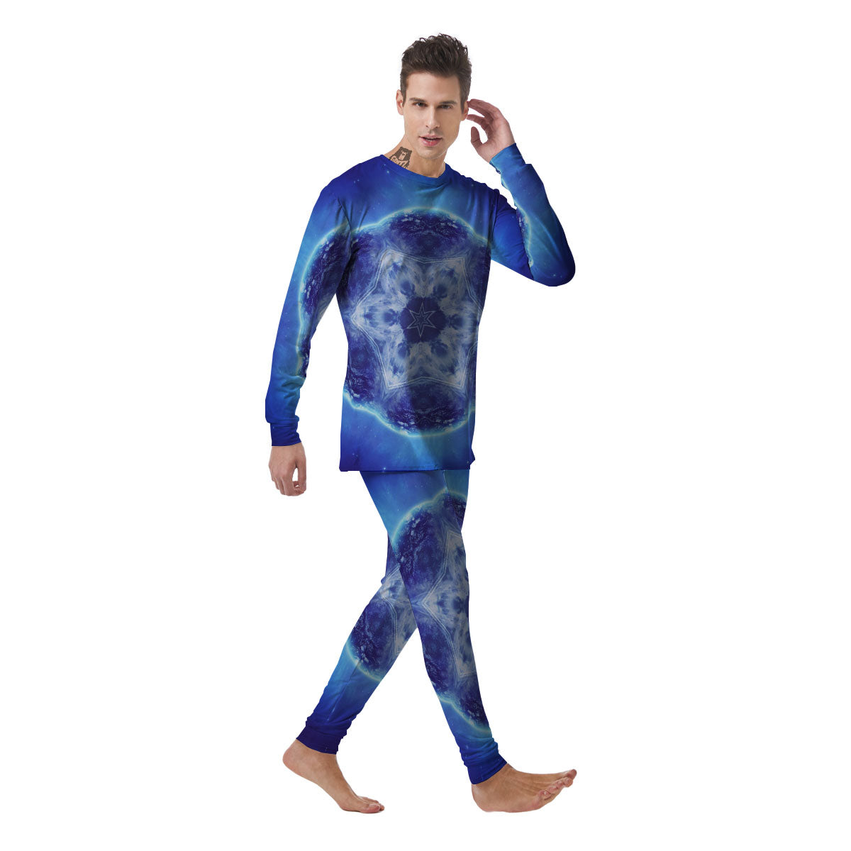 Blue Fractal Kaleidoscope Print Men's Pajamas-grizzshop