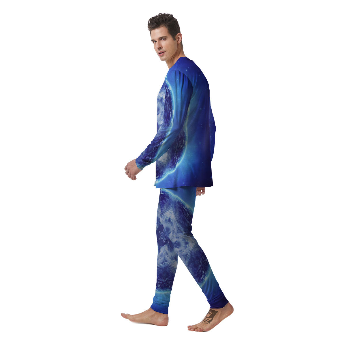 Blue Fractal Kaleidoscope Print Men's Pajamas-grizzshop