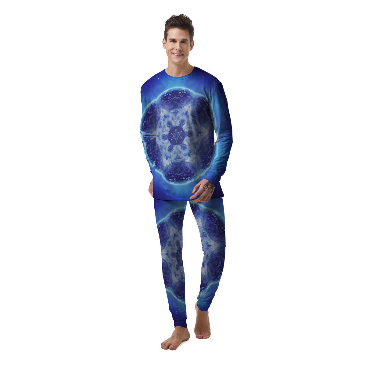 Blue Fractal Kaleidoscope Print Men's Pajamas-grizzshop