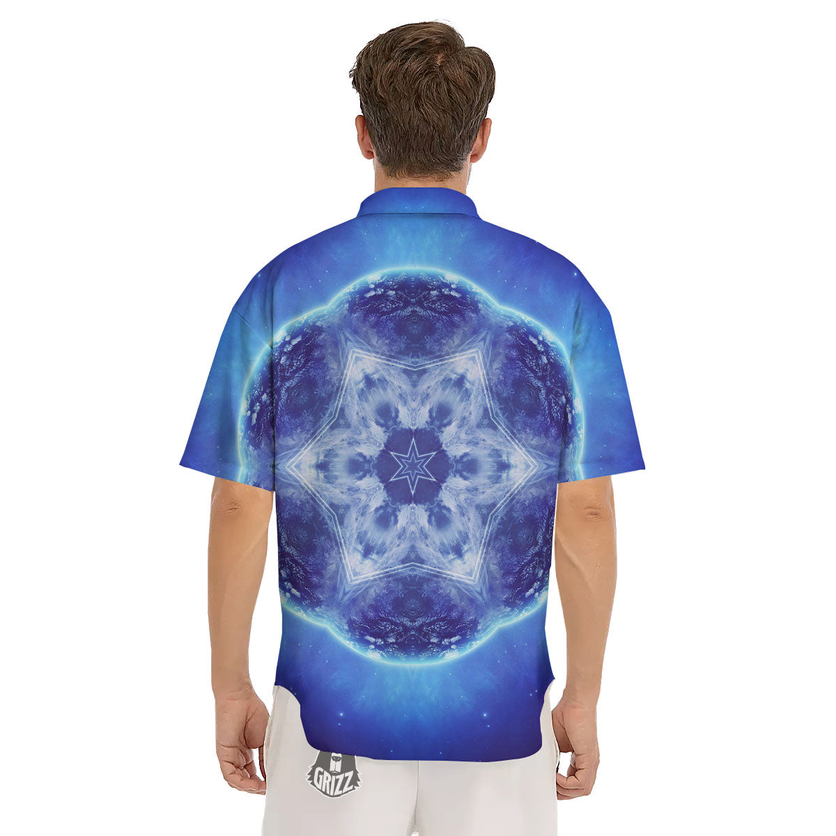 Blue Fractal Kaleidoscope Print Men's Short Sleeve Shirts-grizzshop