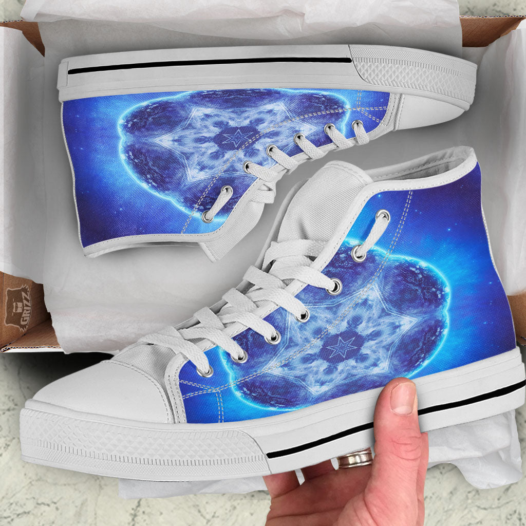 Blue Fractal Kaleidoscope Print White High Top Shoes-grizzshop