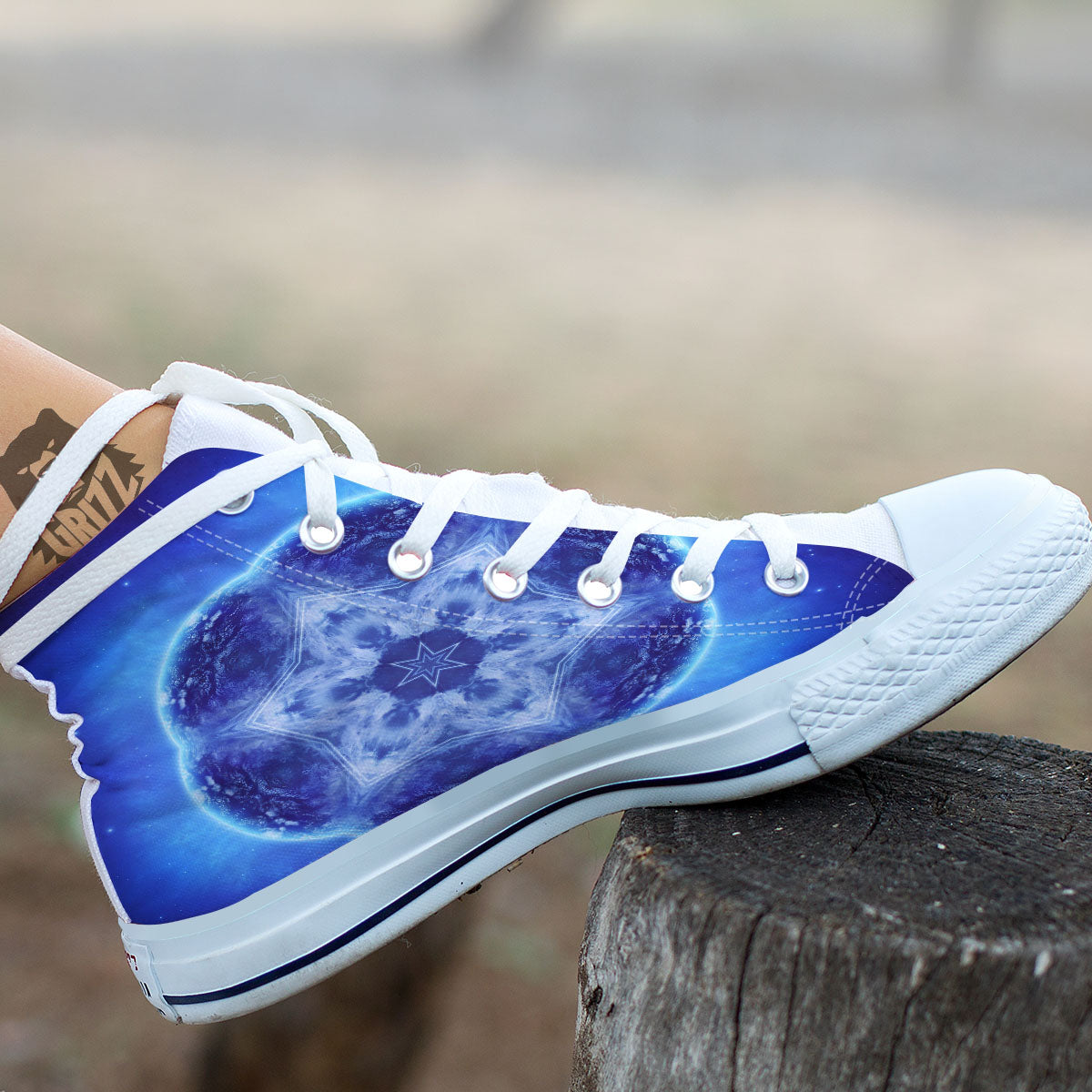 Blue Fractal Kaleidoscope Print White High Top Shoes-grizzshop