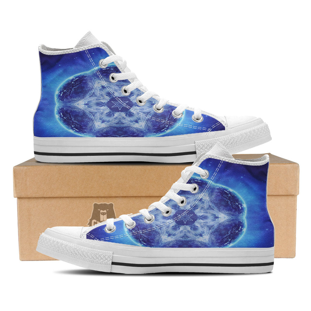 Blue Fractal Kaleidoscope Print White High Top Shoes-grizzshop