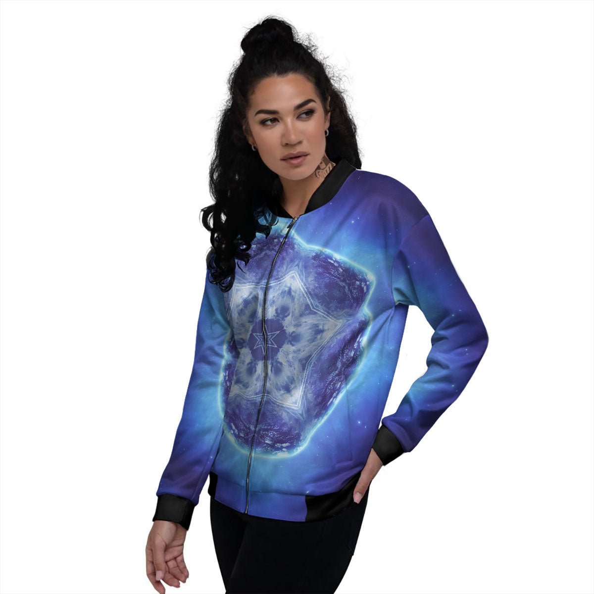Blue Fractal Kaleidoscope Print Women's Bomber Jacket-grizzshop