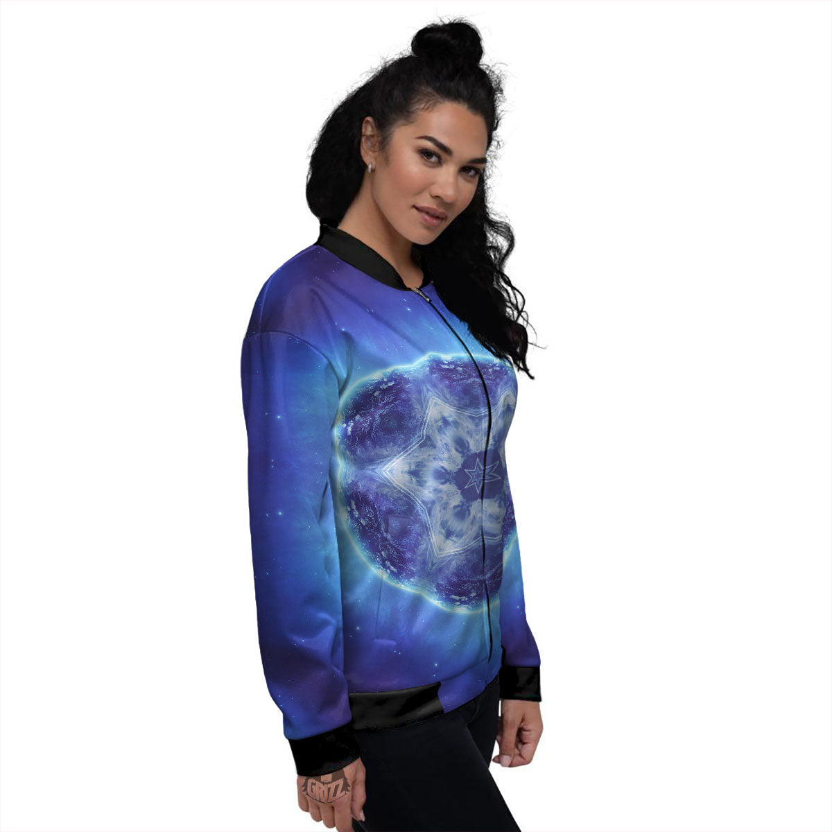 Blue Fractal Kaleidoscope Print Women's Bomber Jacket-grizzshop