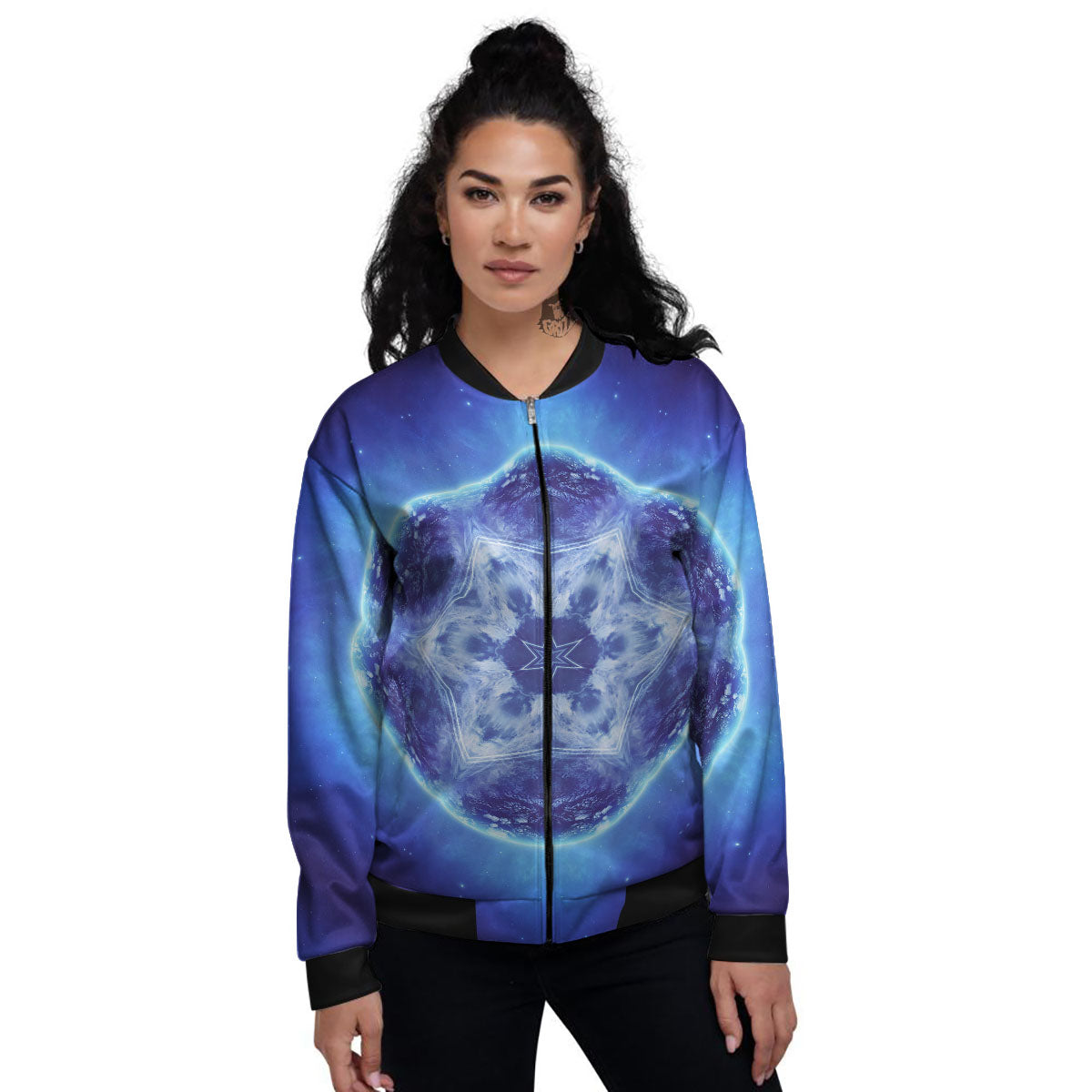 Blue Fractal Kaleidoscope Print Women's Bomber Jacket-grizzshop