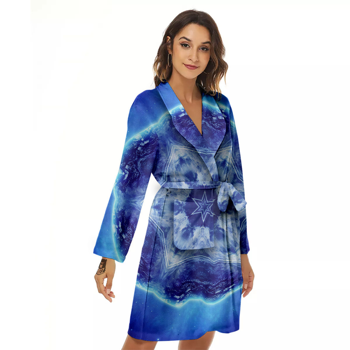 Blue Fractal Kaleidoscope Print Women's Robe-grizzshop