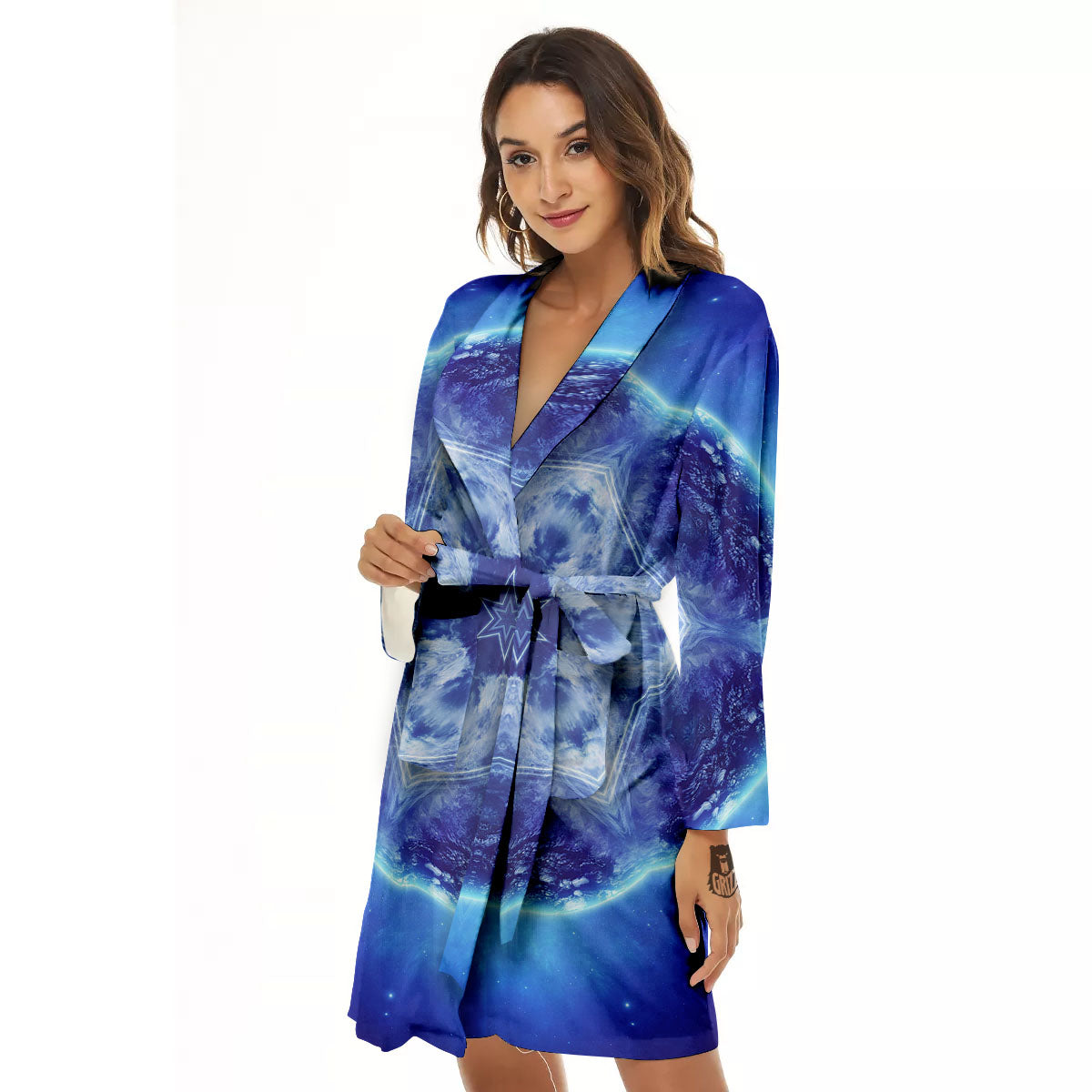 Blue Fractal Kaleidoscope Print Women's Robe-grizzshop