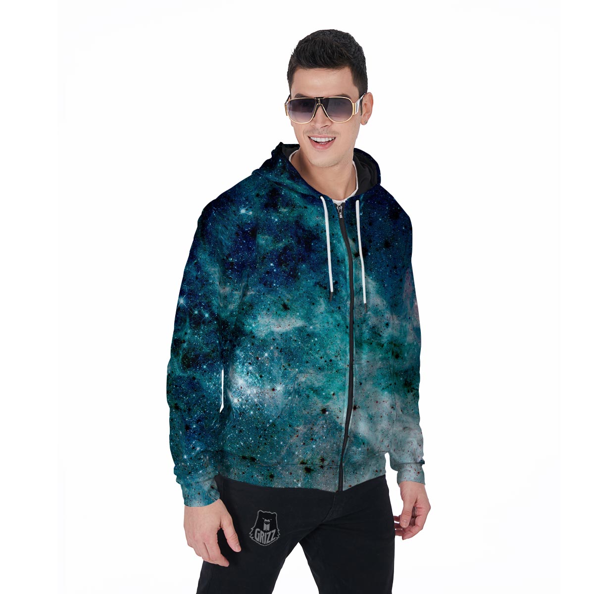 Blue Galaxy Space Men's Zip Up Hoodie-grizzshop