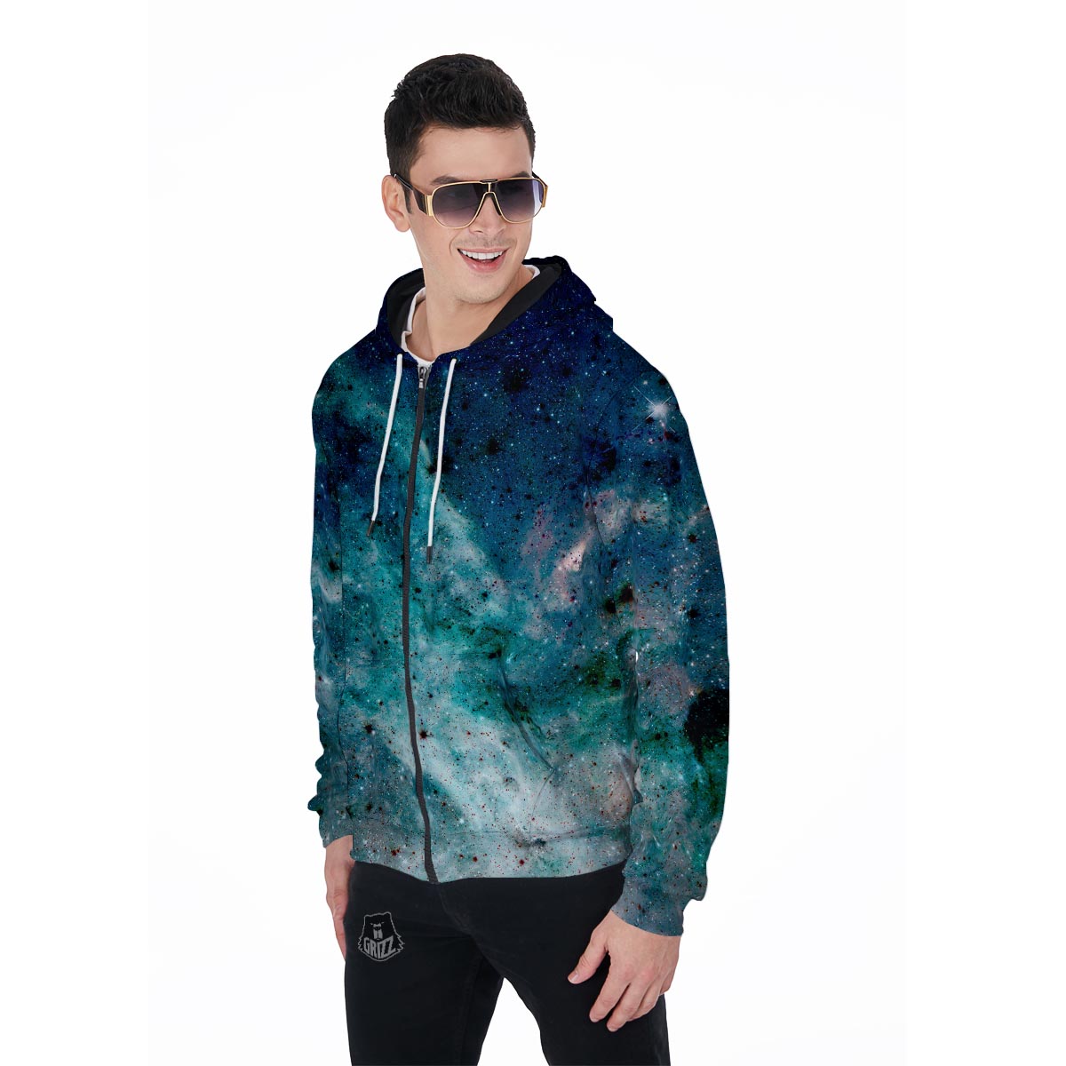 Blue Galaxy Space Men's Zip Up Hoodie-grizzshop