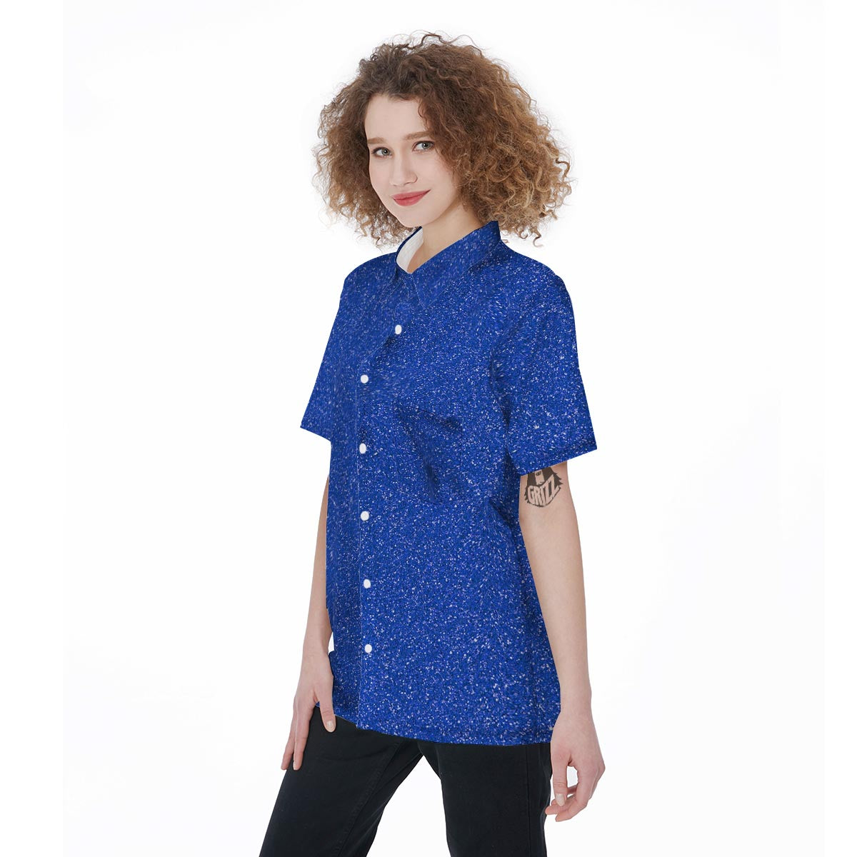 Blue Glitter Texture Print Women's Short Sleeve Shirts-grizzshop