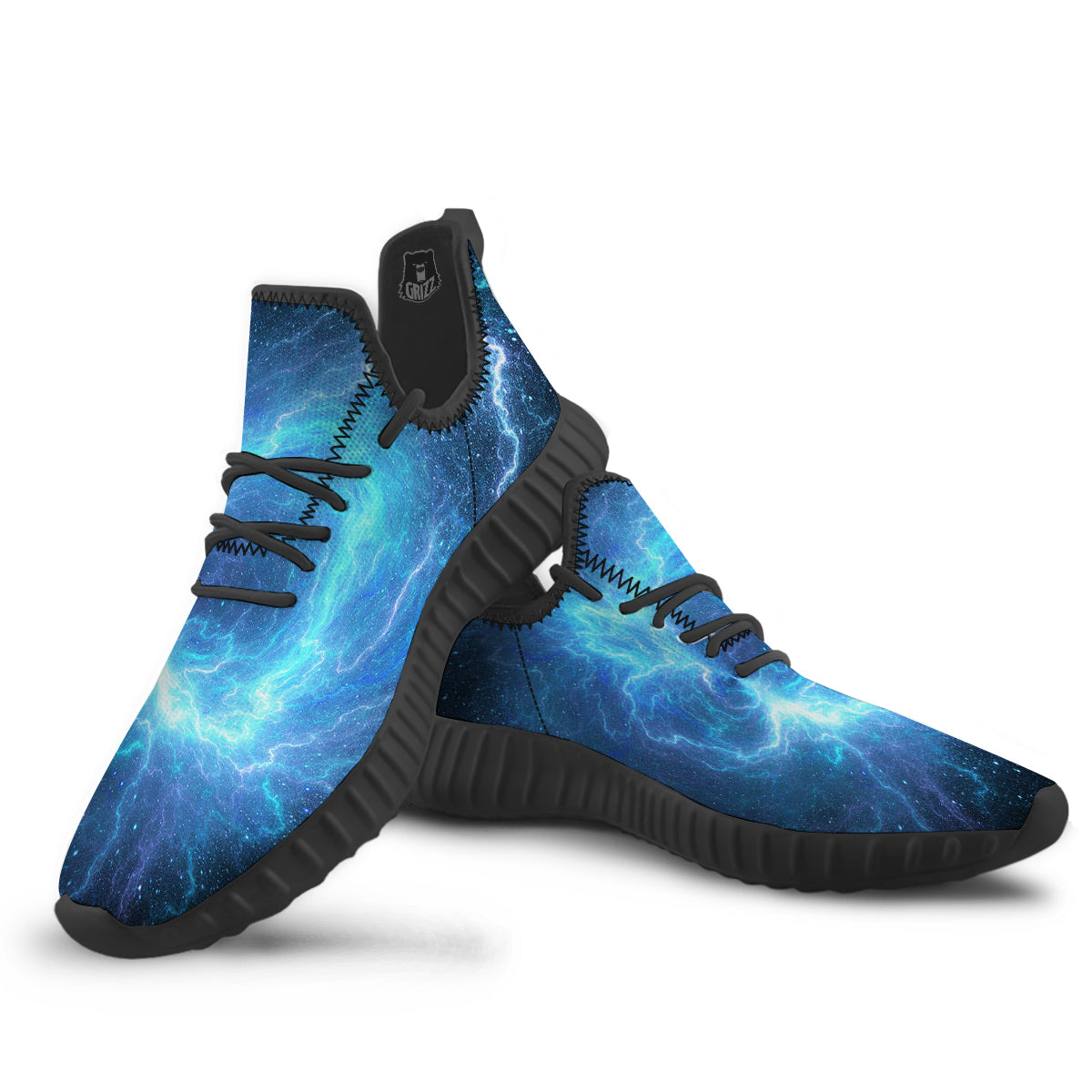 Blue Glowing Giant Lightning In Space Print Black Walking Shoes-grizzshop