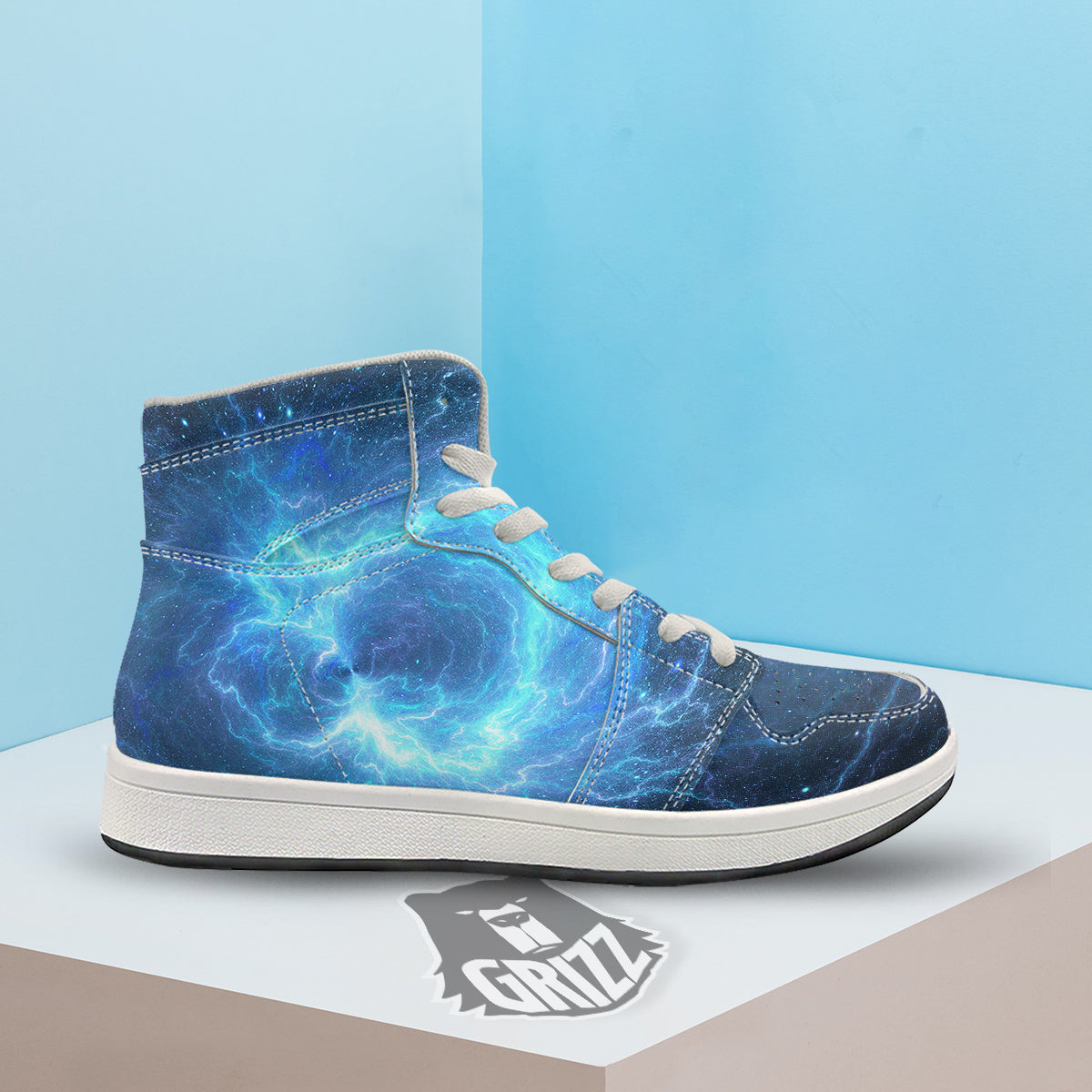 Blue Glowing Giant Lightning In Space Print High Top Sneakers-grizzshop