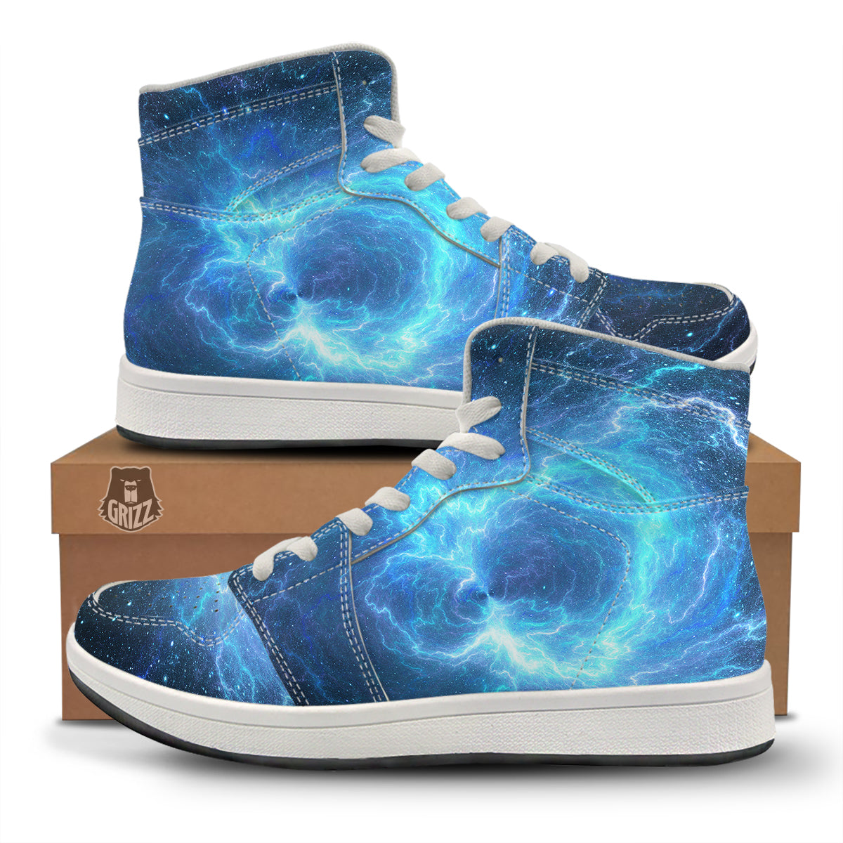 Blue Glowing Giant Lightning In Space Print High Top Sneakers-grizzshop