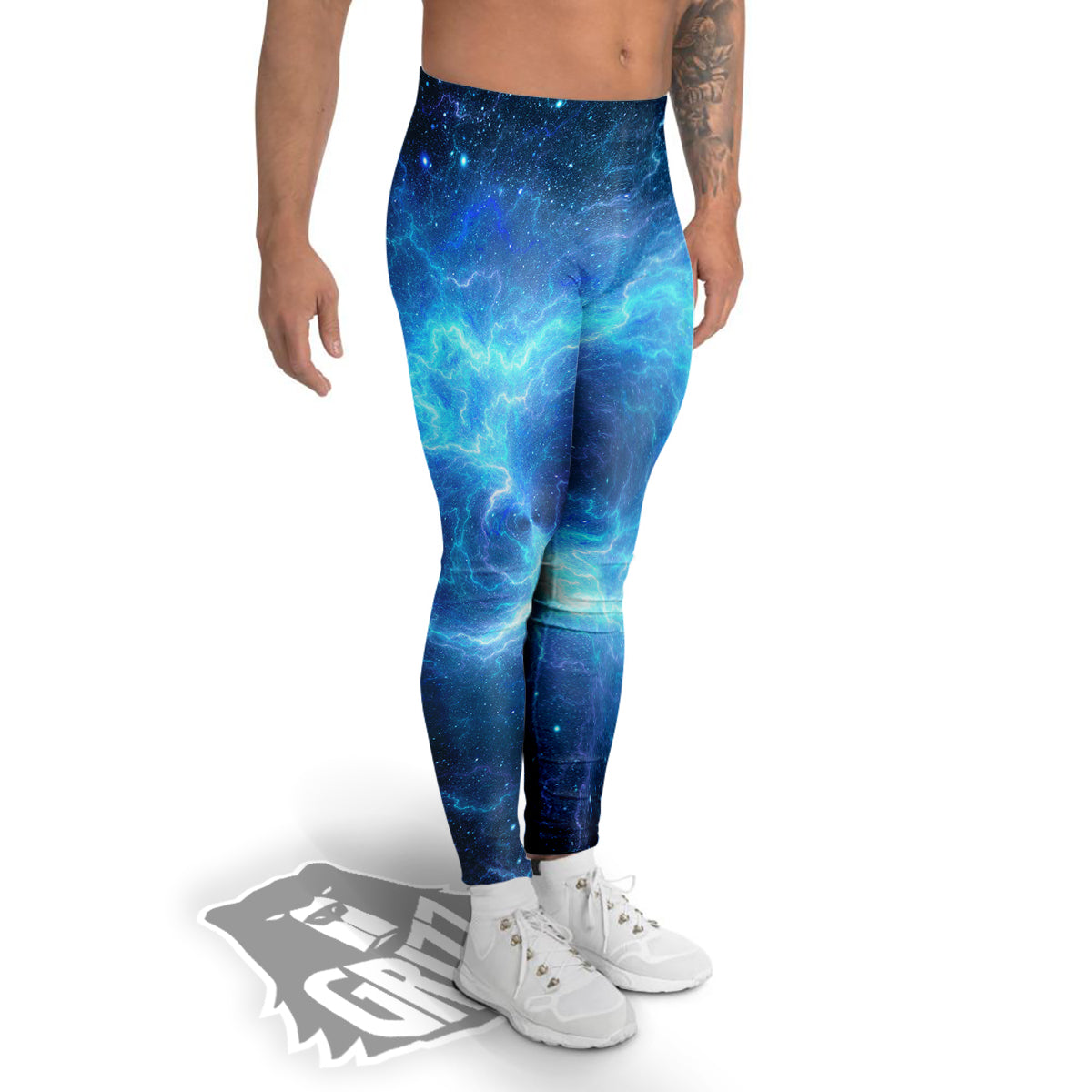 Blue Glowing Giant Lightning In Space Print Men's Leggings-grizzshop