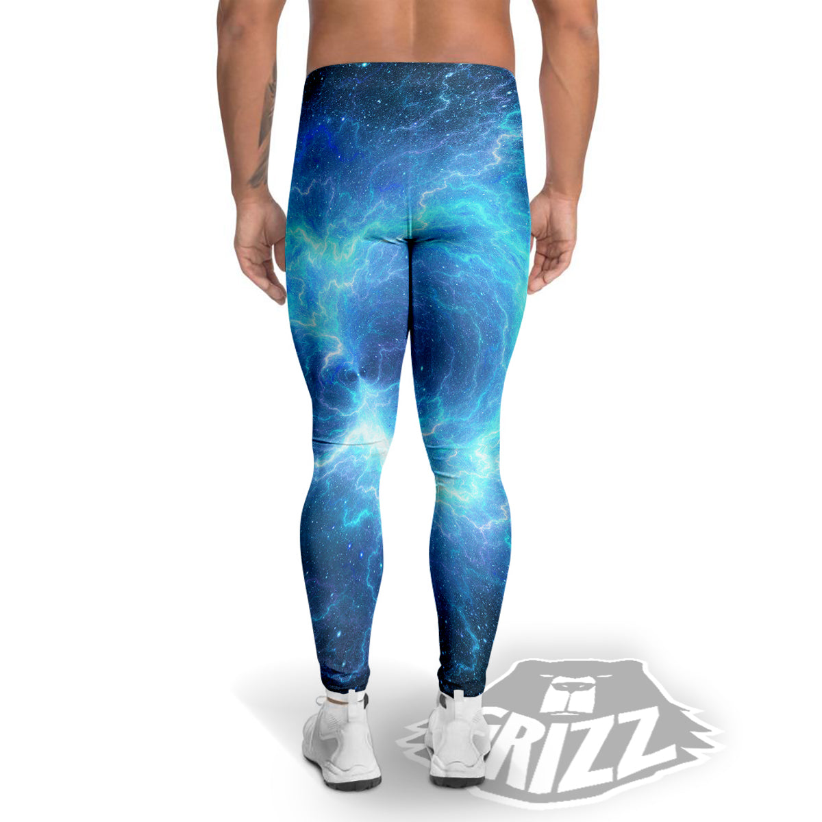 Blue Glowing Giant Lightning In Space Print Men's Leggings-grizzshop