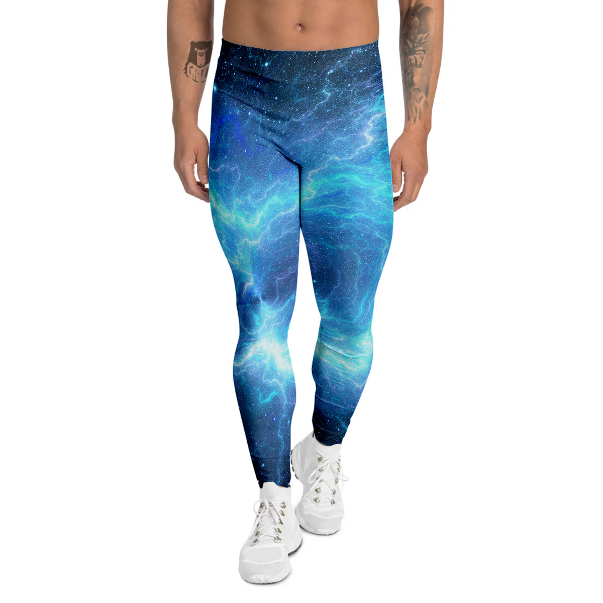 Blue Glowing Giant Lightning In Space Print Men's Leggings-grizzshop