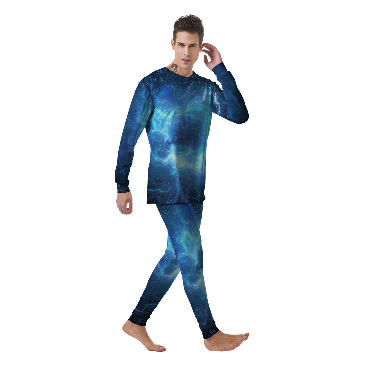 Blue Glowing Giant Lightning In Space Print Men's Pajamas-grizzshop