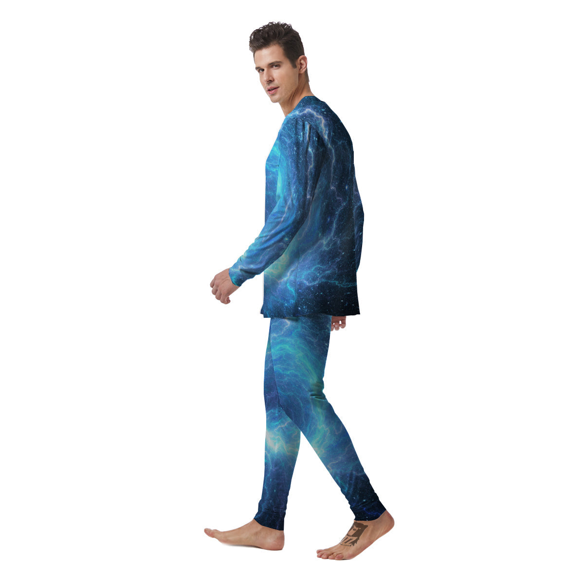 Blue Glowing Giant Lightning In Space Print Men's Pajamas-grizzshop