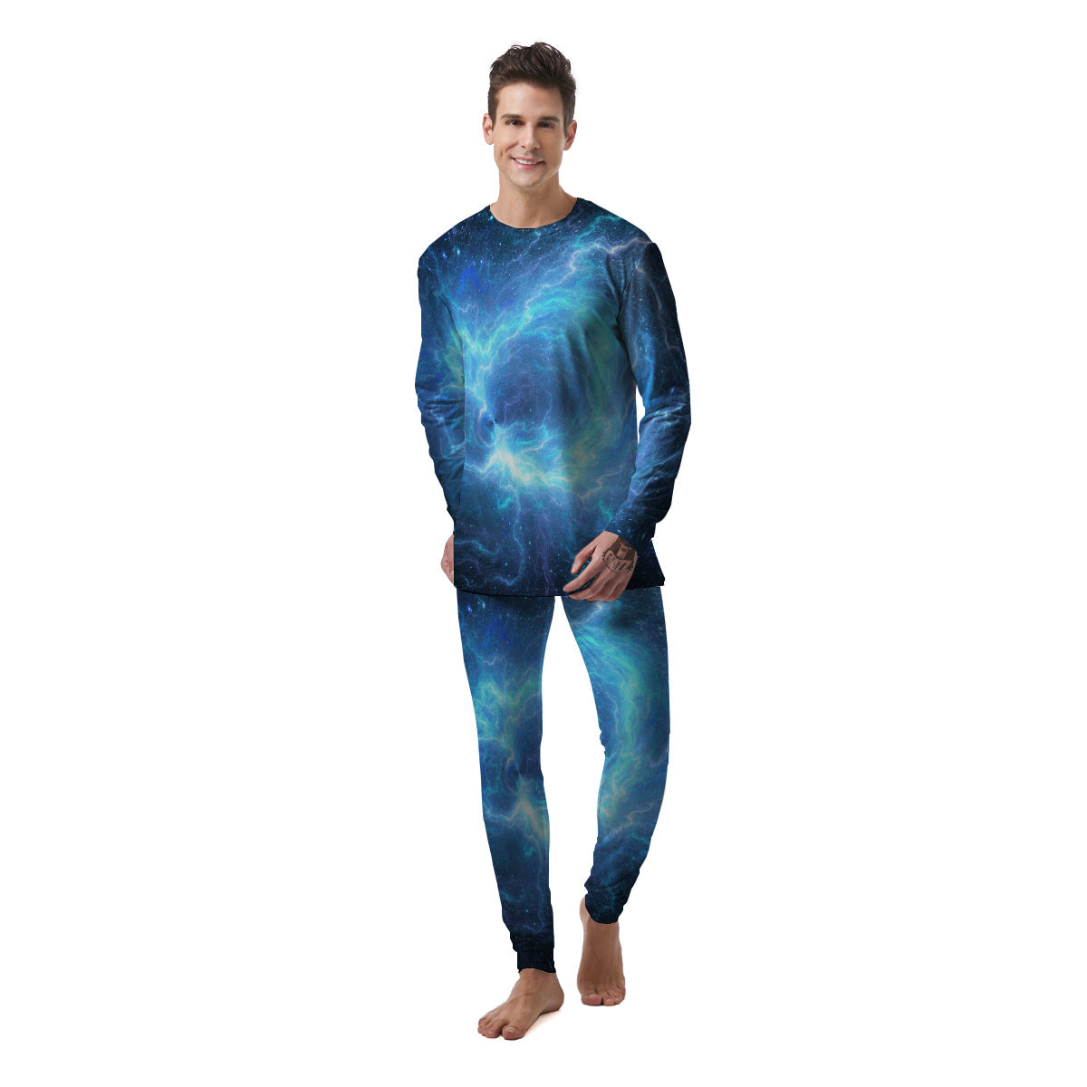 Blue Glowing Giant Lightning In Space Print Men's Pajamas-grizzshop