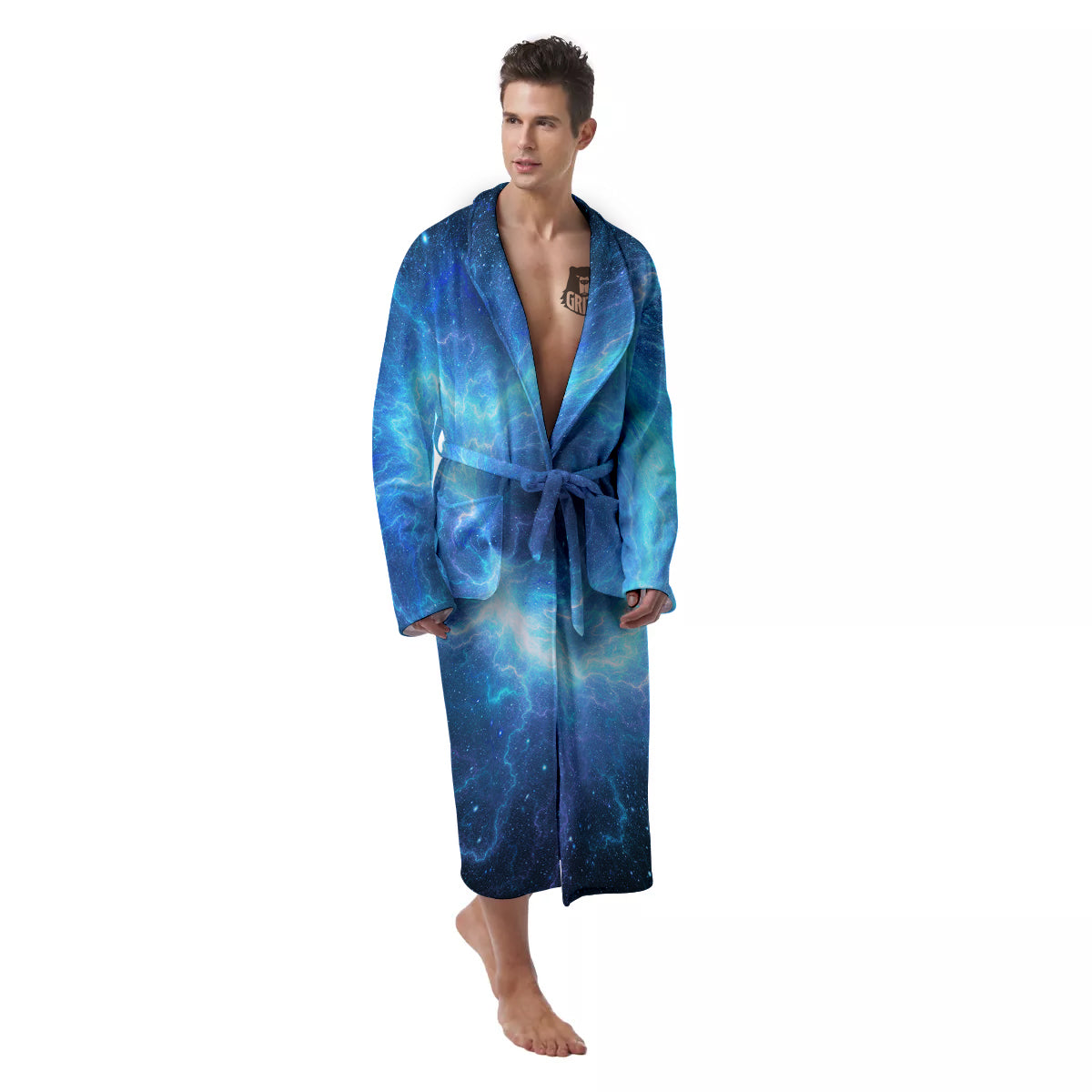 Blue Glowing Giant Lightning In Space Print Men's Robe-grizzshop