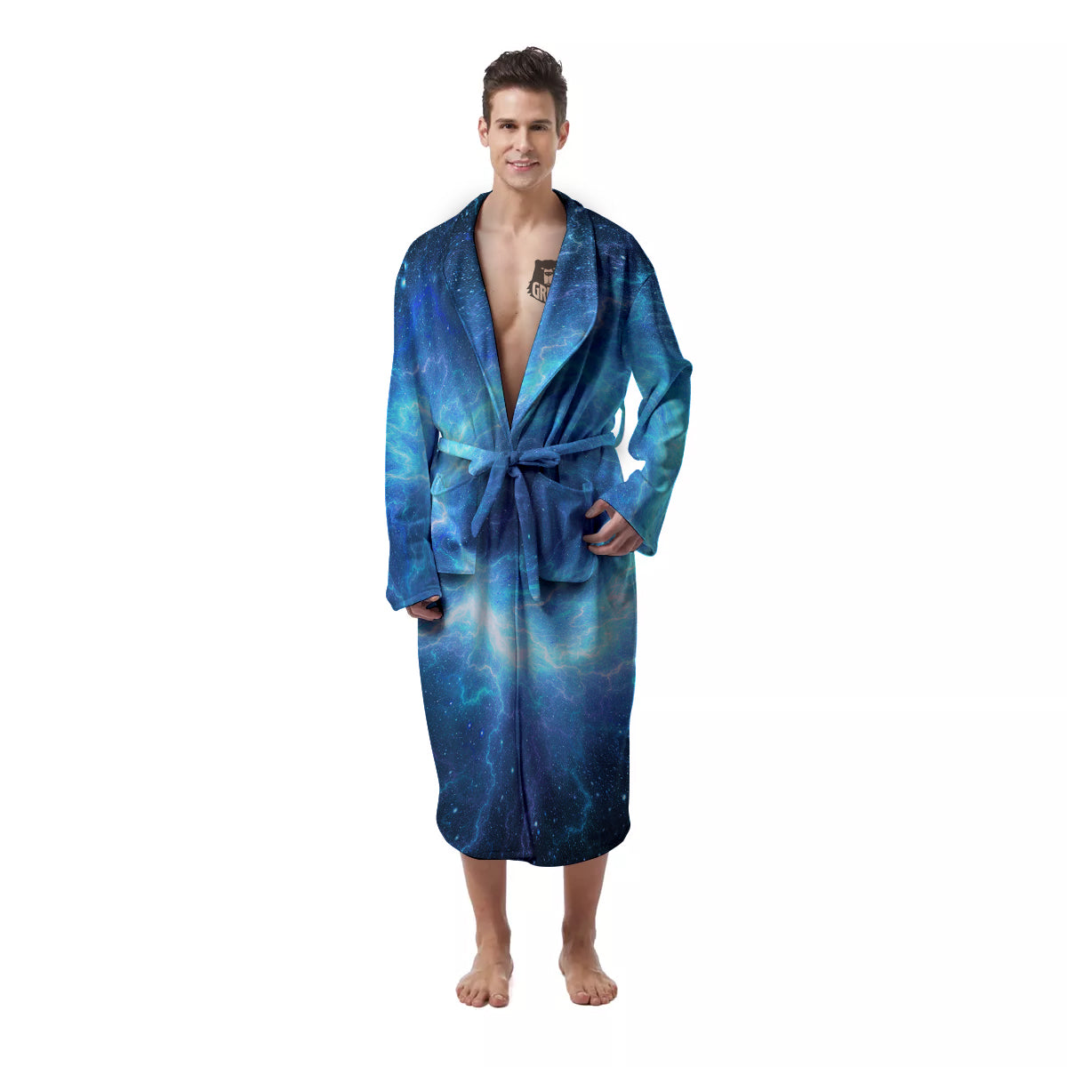 Blue Glowing Giant Lightning In Space Print Men's Robe-grizzshop