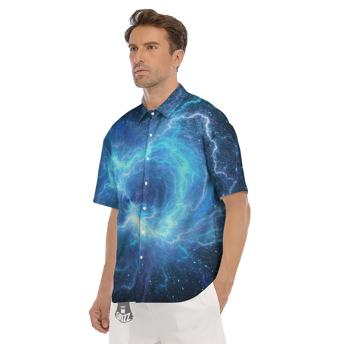 Blue Glowing Giant Lightning In Space Print Men's Short Sleeve Shirts-grizzshop