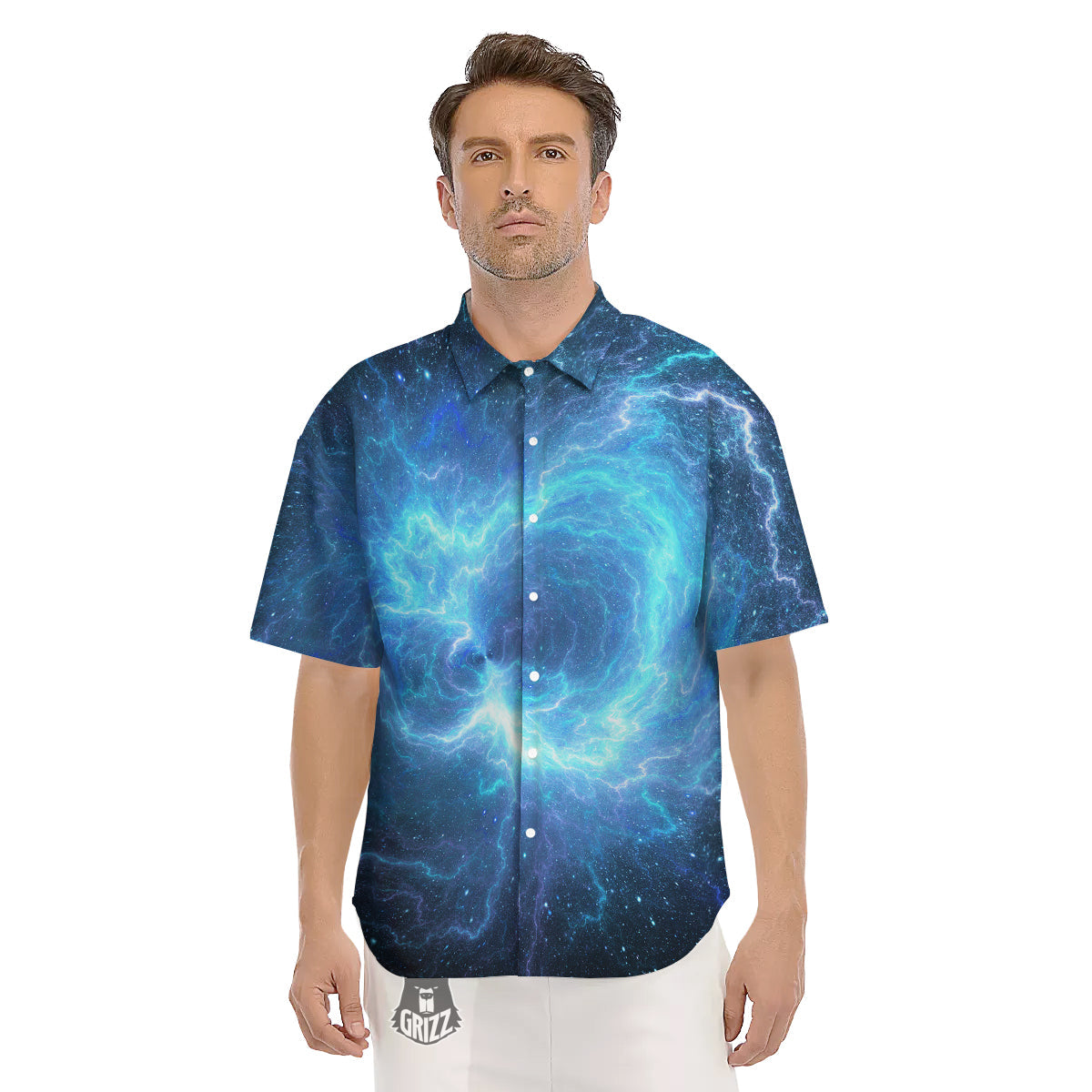 Blue Glowing Giant Lightning In Space Print Men's Short Sleeve Shirts-grizzshop