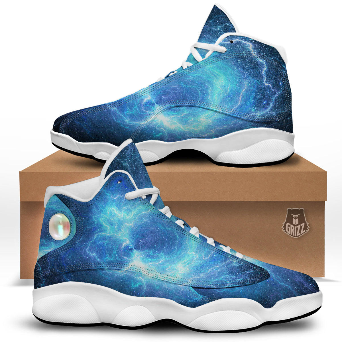 Blue Glowing Giant Lightning In Space Print White Basketball Shoes-grizzshop