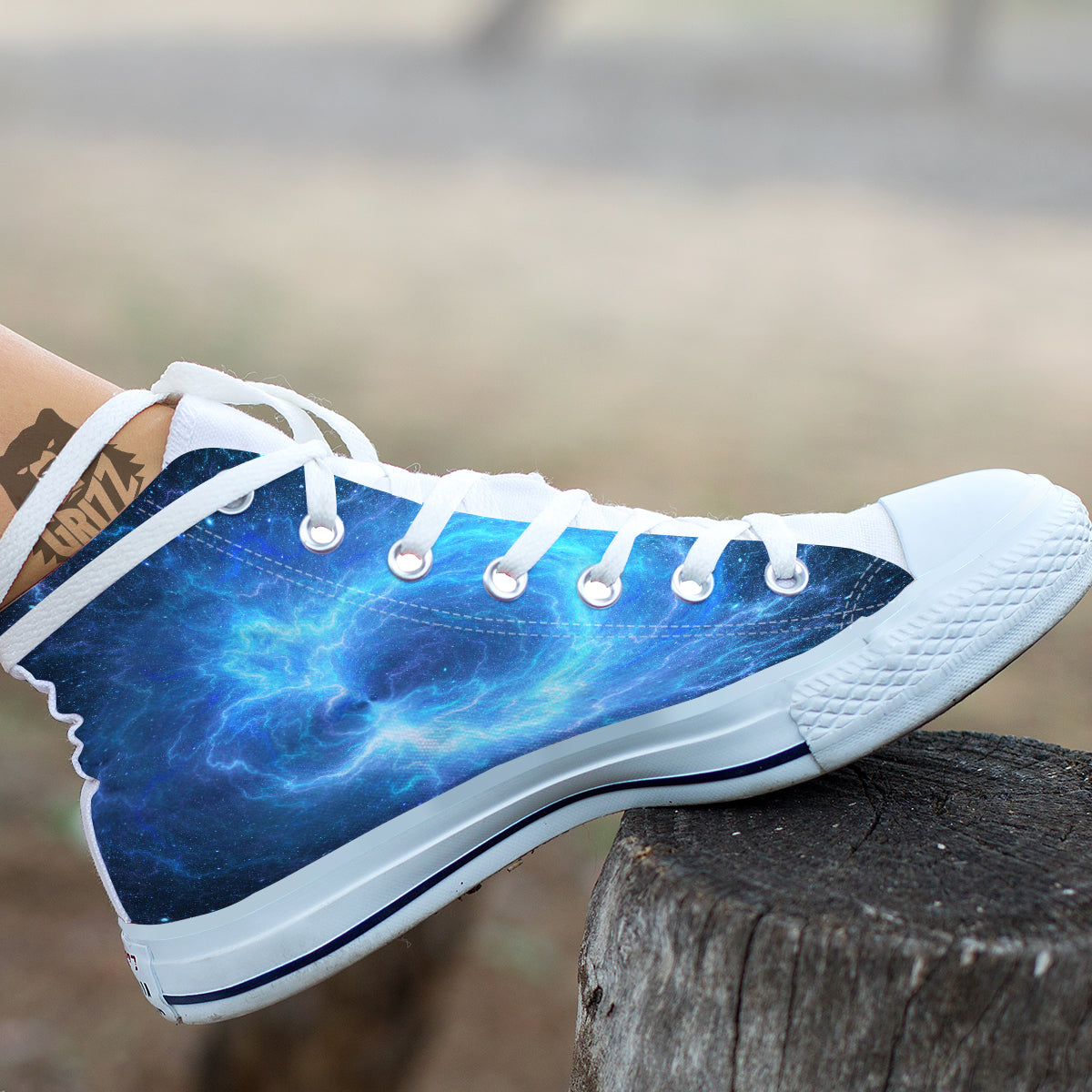 Blue Glowing Giant Lightning In Space Print White High Top Shoes-grizzshop