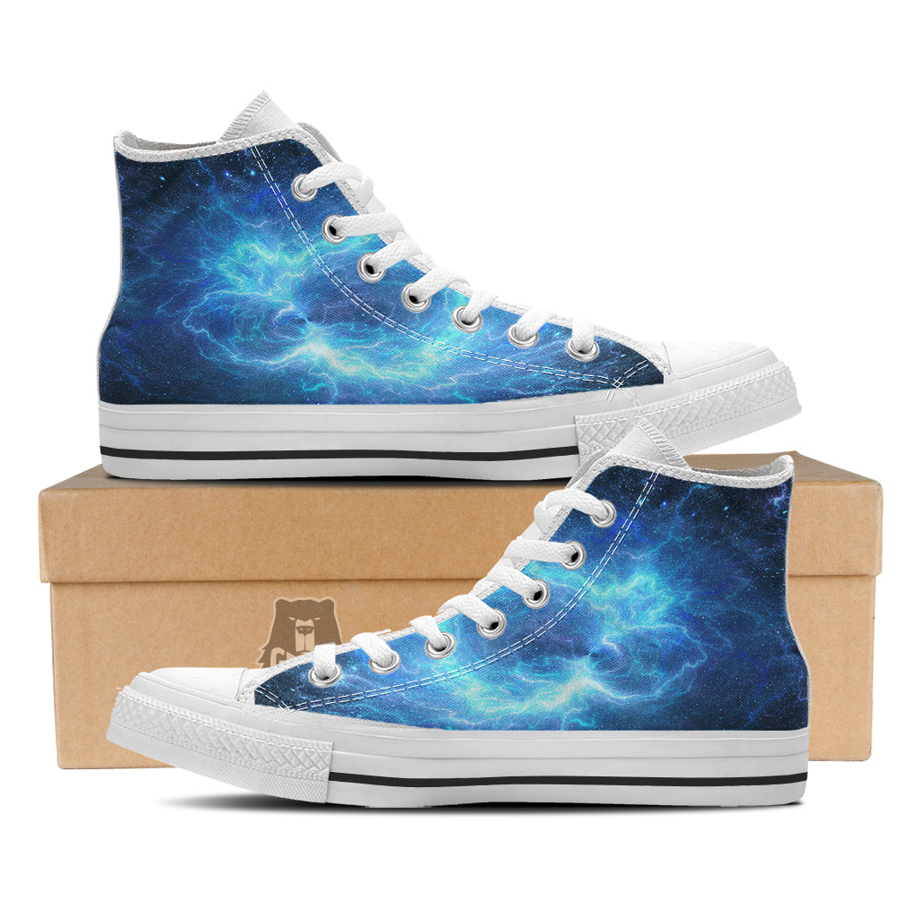 Blue Glowing Giant Lightning In Space Print White High Top Shoes-grizzshop