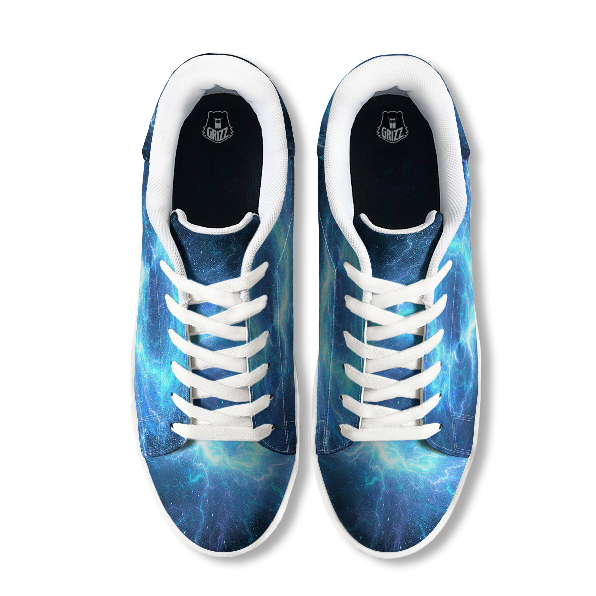 Blue Glowing Giant Lightning In Space Print White Low Top Sneakers-grizzshop